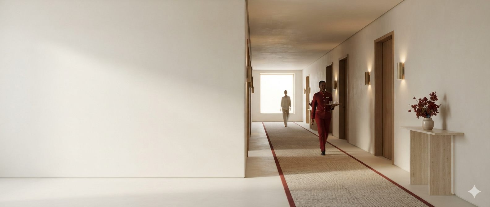 A hotel attendant carrying a tray along a sunlit hotel corridor