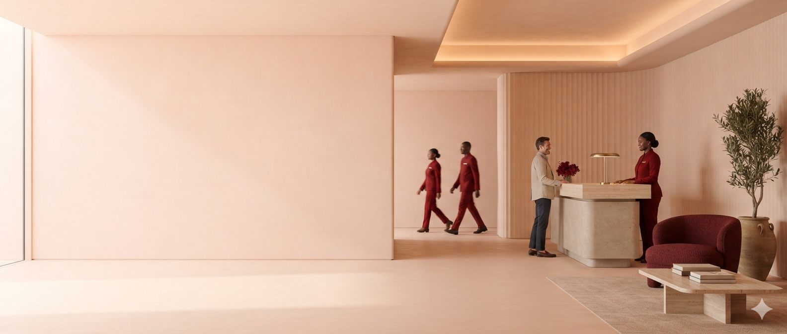 Hotel staff welcoming a guest at a warm, minimalist reception desk